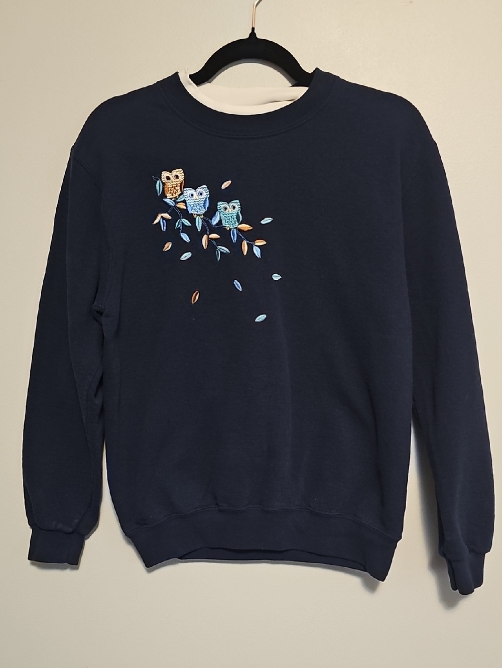 Vintage Top Stitch Embroidered Owl Crewneck Sweatshirt - Navy